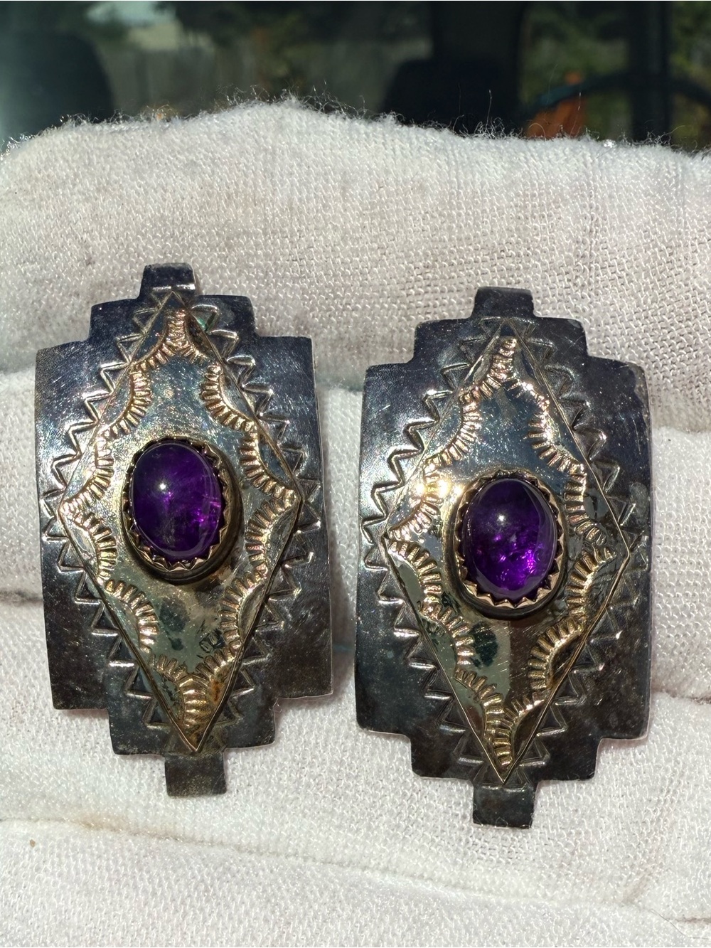 10K Gold and Sterling Silver Southwestern Earrings with amethyst cabochon stone!
